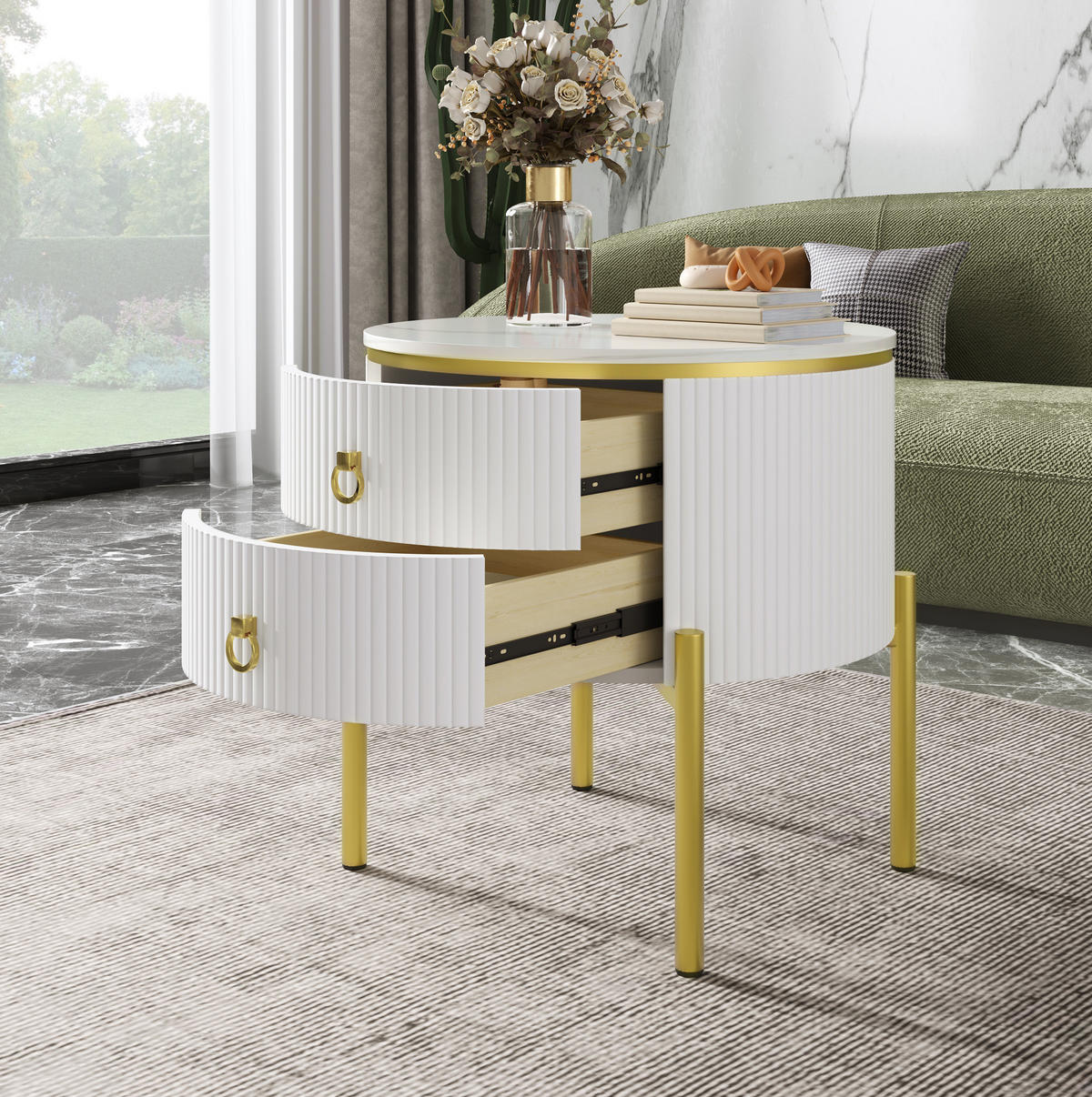 BEISTELLTISCH 50/50/51 cm mit 2 Schubladen, Marmoroptik und verstellbaren Beinen, Weiß/Gold - Weiß, Holzwerkstoff (50/50/51cm) - Redom