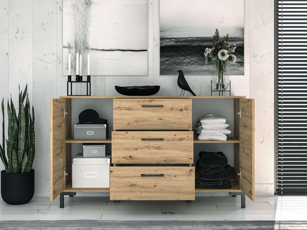KOMMODE – 120 cm – Nevio – Schwarz / Eichefarben – KM-021 - Eichefarben/Schwarz, Holzwerkstoff (120/94/34cm) - hi-markt
