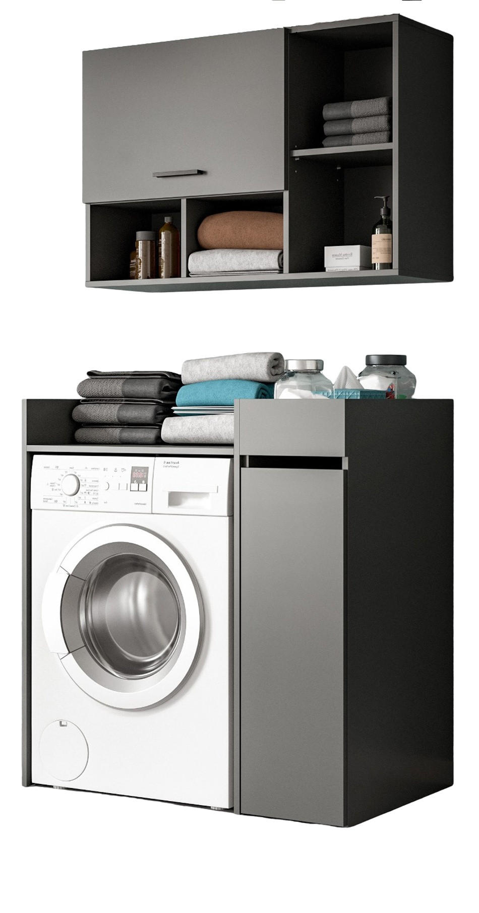 WASCHMASCHINENSCHRANK grau Set 3-teilig 95 x 195 cm, Waschmaschinenumbau mit Stauraum - Schwarz/Grau, Holzwerkstoff/Kunststoff (95/195/60cm) - Inn.Furn