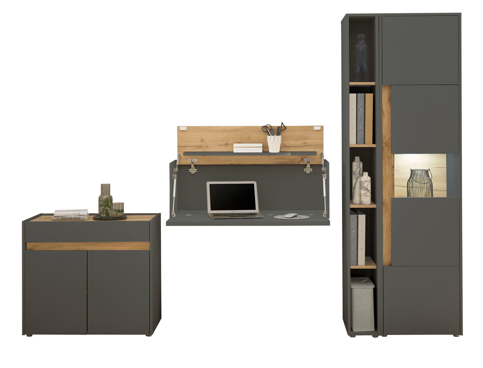 AKTENSCHRANK Set 4-teilig grau matt, Eiche Wotan 290 cm, Büromöbelkombination mit Sekretär und viel Stauraum - Eiche Wotan/Schwarz, Glas/Holzwerkstoff (290/200/40cm) - Furn.Design