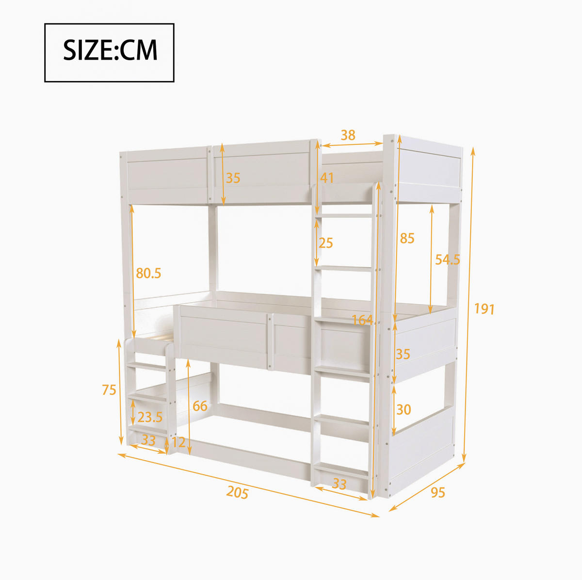 ETAGENBETT aus Holz 90x200 cm in Weiß mit 3 Schlafplätzen - Weiß, Holzwerkstoff (90/200cm) - Modfu