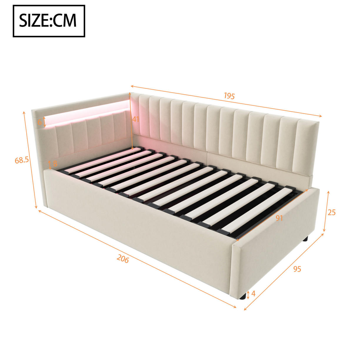 POLSTERBETT 90/200 cm beige aus Samt mit LED und hydraulischem Stauraum - Beige, Textil (90/200cm) - OKWISH