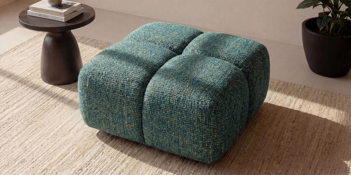 HOCKER, Pouf, Chenille Stoff Puente, Azurblau, Averro - Dunkelgrün, Holz (88/42/88cm) - Kaiser Möbel