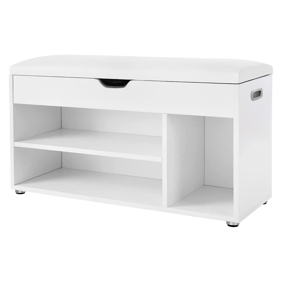 SCHUHBANK 3 Fächer und 1 Truhe mit bequemer Sitzfläche - H44 cm - Weiß, Holzwerkstoff (30/44/80cm) - Calicosy
