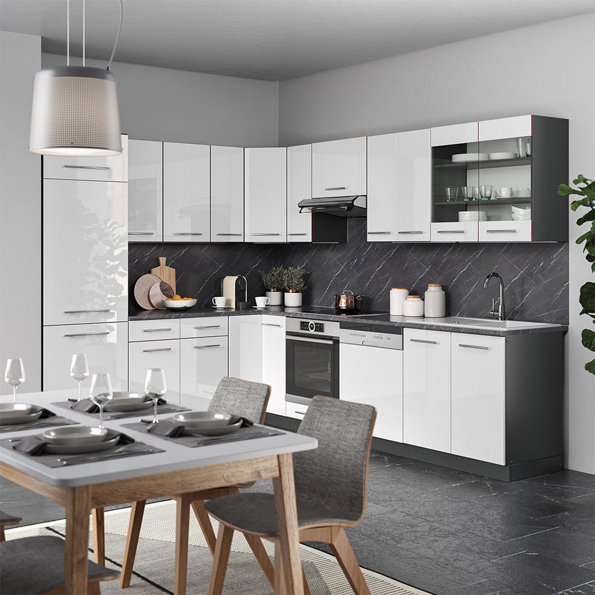 ECKKÜCHE Fame-Line Weiß Hochglanz/Anthrazit 227 x 60 cm ohne AP - Weiß Hochglanz/Anthrazit, Holzwerkstoff (287/81.6/46cm) - Vicco