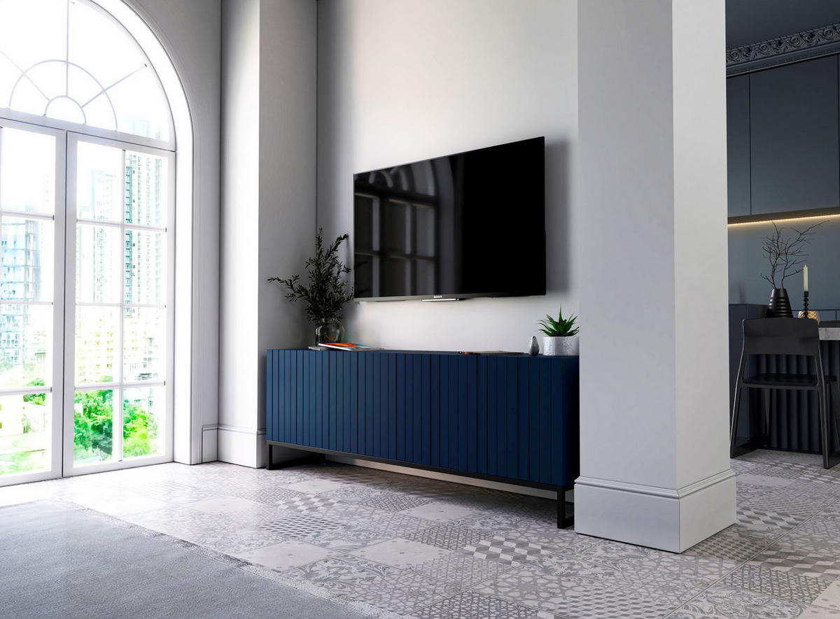 TV-SCHRANK Elpis Marineblau Matt mit Metallrahmen Glamour 150 cm - Blau/Schwarz, Holzwerkstoff/Metall (150/51.5/36.5cm) - Meble Lindner