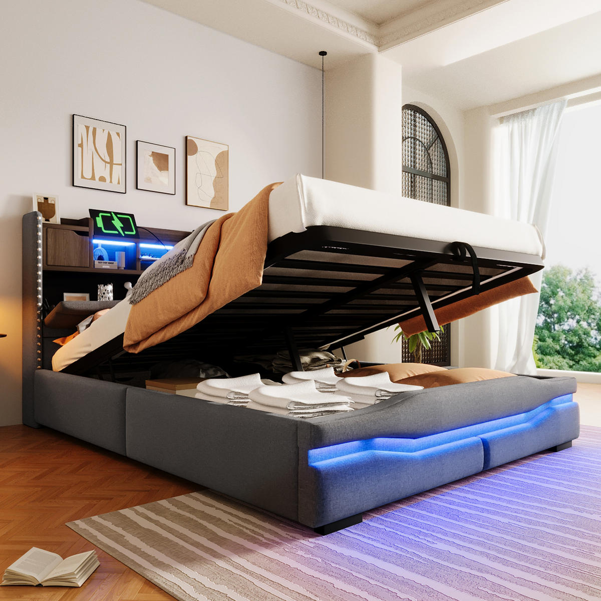 POLSTERBETT 140/200 cm Grau mit USB-C, LED-Leuch, USB und Kopfteil Stauraum - Grau, Textil (140/200cm) - Oxeza