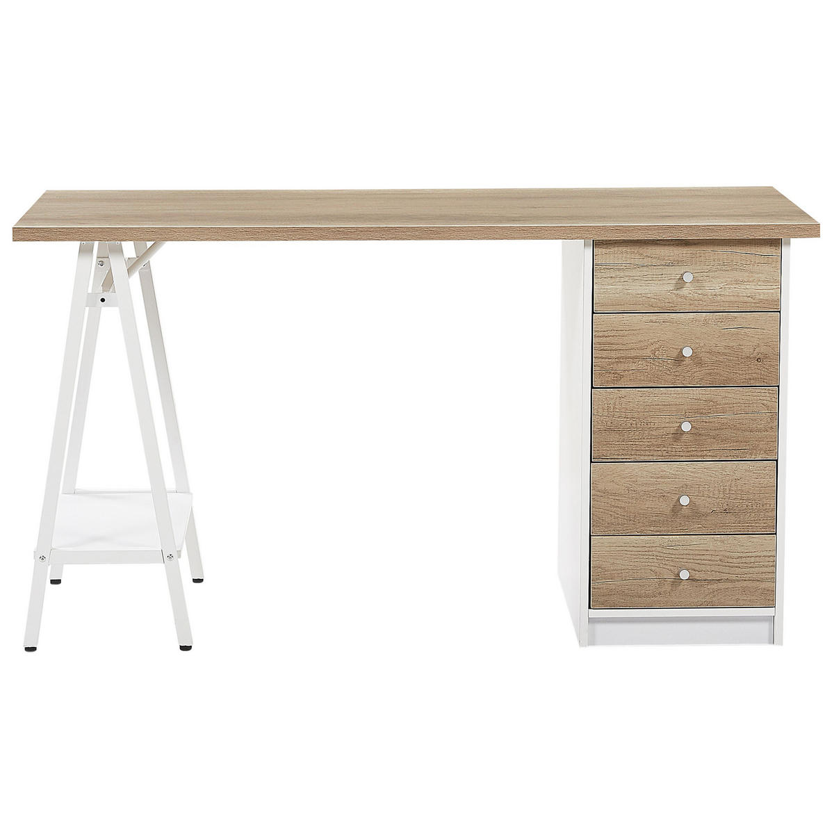 SCHREIBTISCH heller Holzfarbton/weiß 140/60/76 cm Heber - Hellgrau, Holzwerkstoff (60/140/76cm) - Beliani
