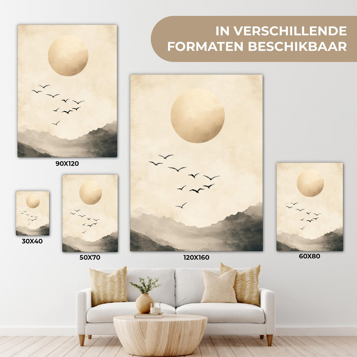 LEINWANDBILD Landschaft - Japandi - Vogel Room Decor 30x40 cm - Beige, Textil (30/40cm) - MuchoWow