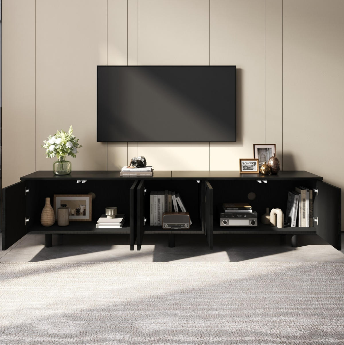 LOWBOARD 180/38/45 cm schwarz aus MDF mit 5 Türen - Schwarz, Holzwerkstoff (180/45/38cm) - OKWISH