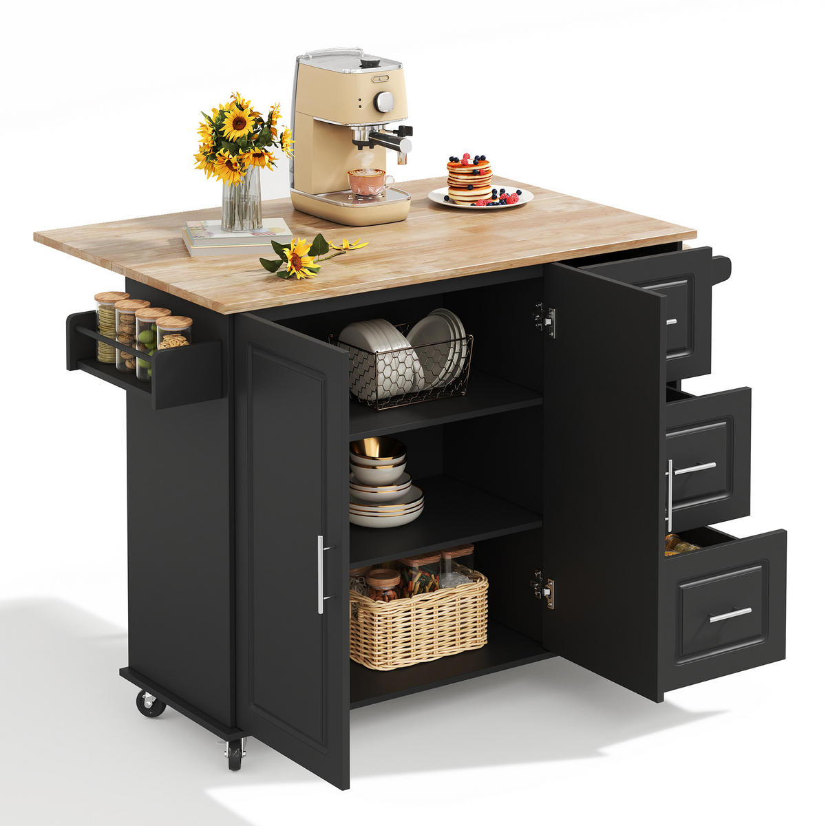 KÜCHENINSEL 137/43(76)/92 cm schwarz klappbar 3 Schubladen & Rollen - Schwarz, Holzwerkstoff (137/92/76cm) - OKWISH