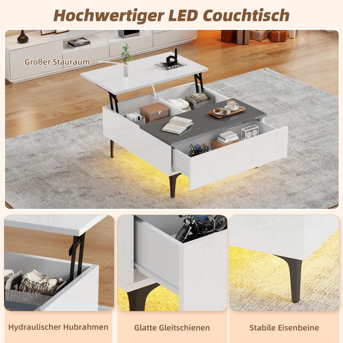 COUCHTISCH 70x70cm Weiß Höhenverstellbar LED Hochglanz Versteckter Stauraum - Weiß, Holz (92.08/50.8/17.15cm) - FLIEKS