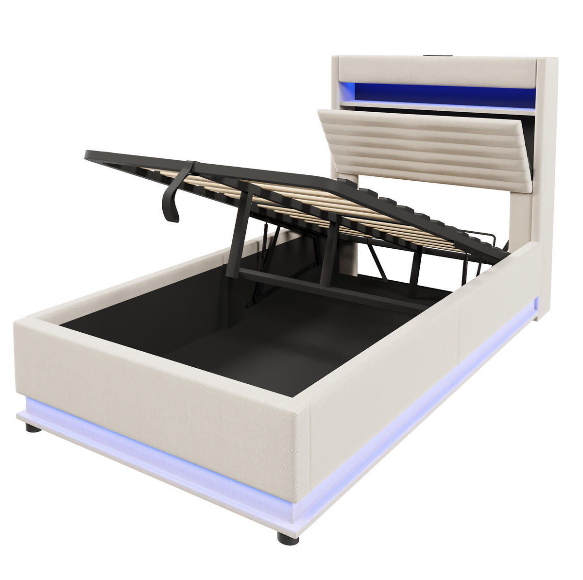 POLSTERBETT 90/200 cm mit LED-Beleuchtung, USB- und Typ-C-Anschluss, hydraulischem Stauraum aus Leinen, Beige - Beige, Textil (90/200cm) - Redom