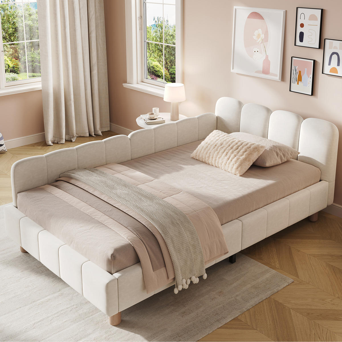 KINDERBETT 90/200 cm in Beige Samt mit Seitenschutz und Taschen - Beige, Holzwerkstoff/Textil (90/200cm) - WISHDOR