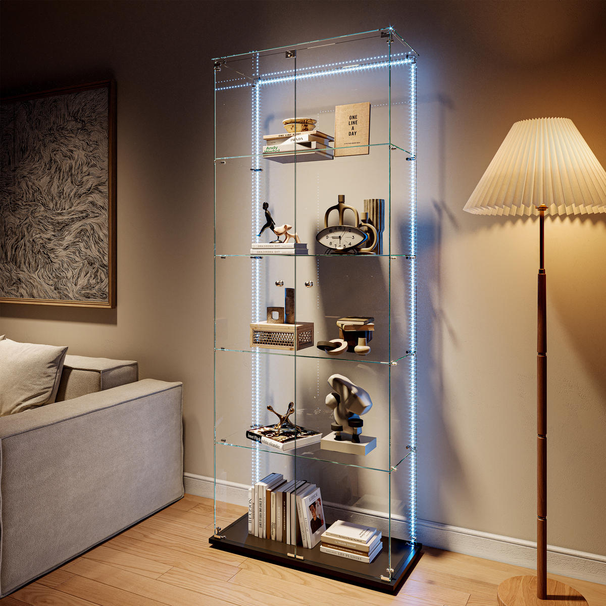 GLASVITRINE mit 5 Einlegeböden, LED-Lichtleiste, Doppeltür mit Sicherheitsschloss in schwarz - Schwarz, Glas/Holz (36.5/183/80.6cm) - BRILVERDE