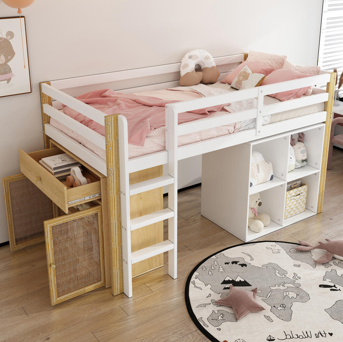 KINDERHOCHBETT aus Massivholz 90x200 cm in Weiß mit 2 Schränken & Leiter - Weiß, Holz (90/200cm) - Modfu