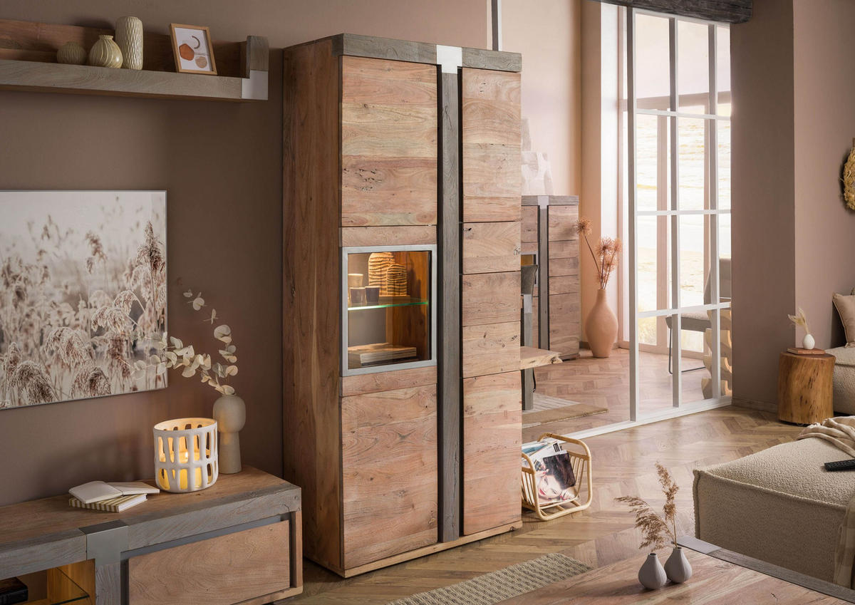 VITRINE Akazie 90x45x204 beige lackiert Amsterdam #108 - Beige, Holz (90/204/45cm) - Massivmoebel24