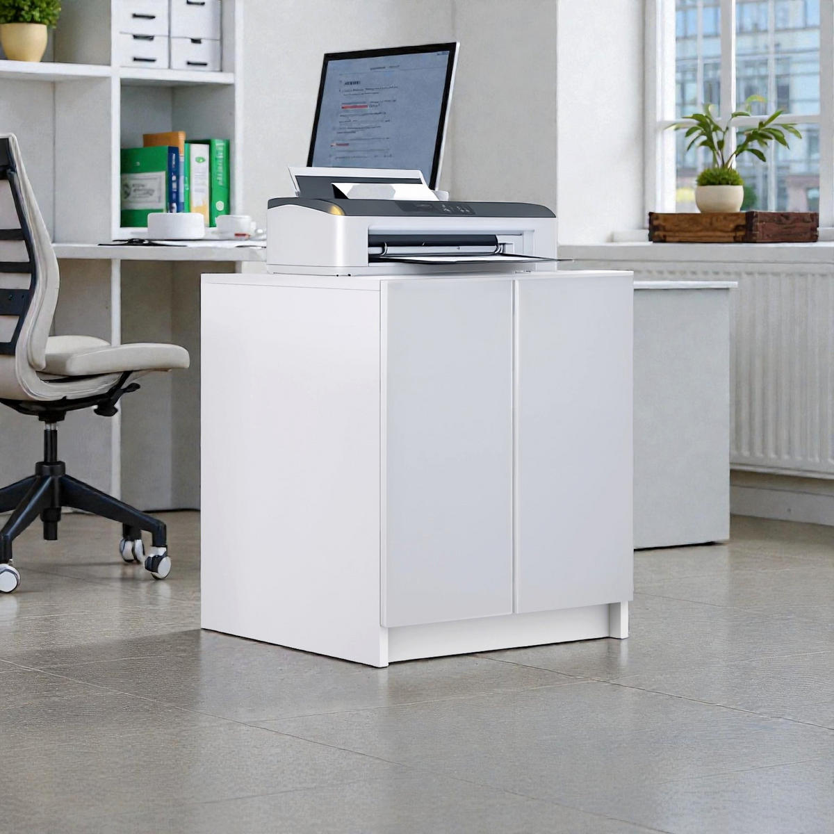 DRUCKERSCHRANK Elona, Druckerkommode mit Soft-Close & Push-to-Open, Büromöbel, Weiß matt (51 x 60,5 x 54 cm) - Weiß, Holzwerkstoff (51/60.5/54cm) - InnoFurn