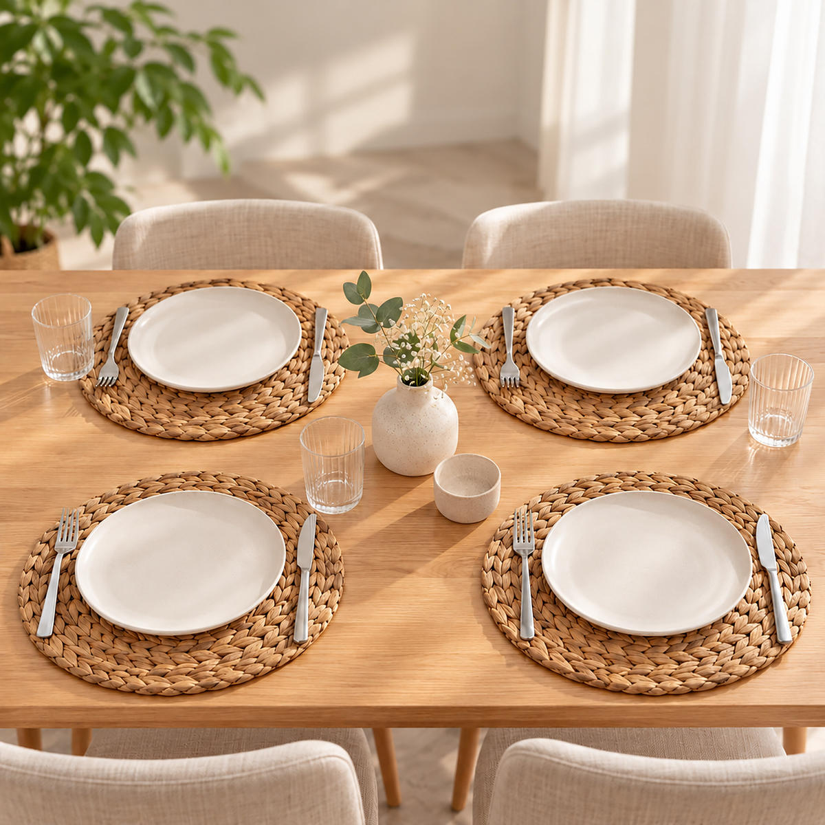 PROSTÍRÁNÍ přírodní 4dílná-sada vodní hyacint kulaté 35 cm - světle hnědá, textil (35/35/1cm) - Relaxdays
