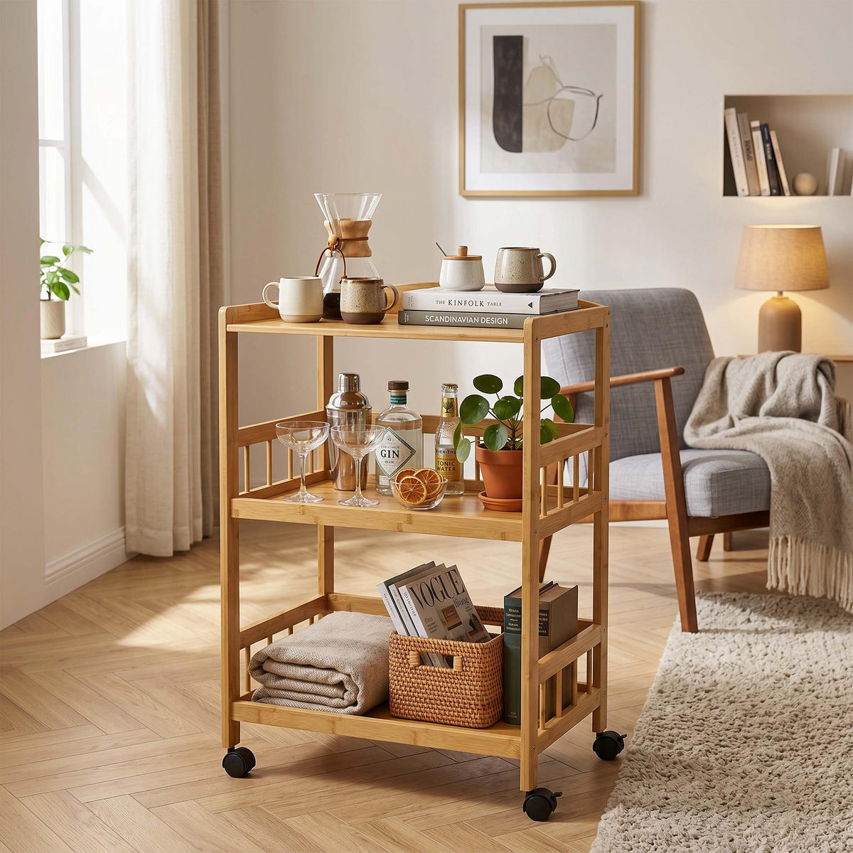 SERVERINGSVAGN Natur bambu med hjul - Ljusbrun, Trä/Plast (53/80/30cm) - Relaxdays
