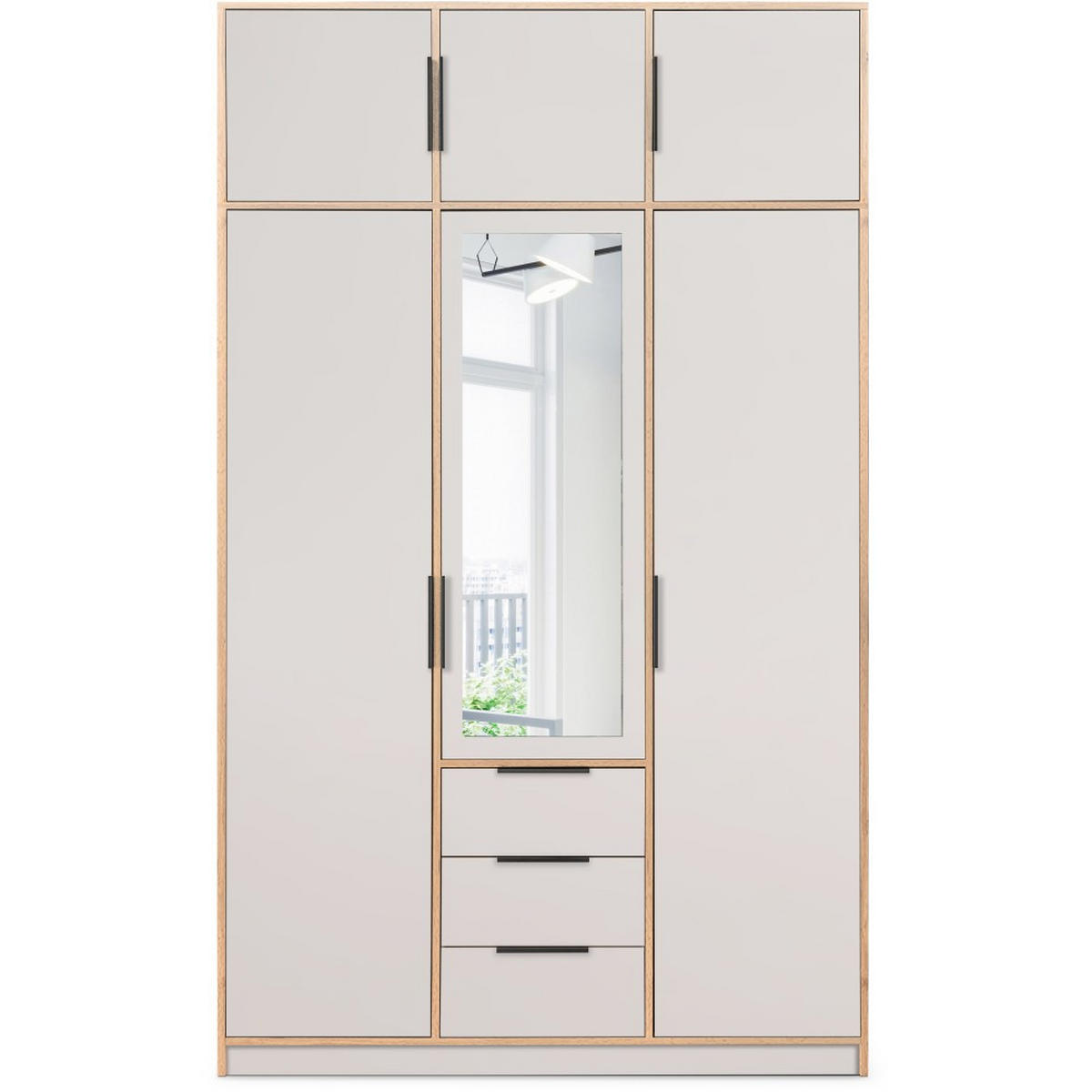 DREHTÜRENSCHRANK Livo mit 3 Türen und 3 Schubladen, mit Schrankaufsatz, kaschmir+eiche Wotan, 150 cm - Kaschmir/Eiche Wotan, Holzwerkstoff (150/245/57cm) - Beautysofa