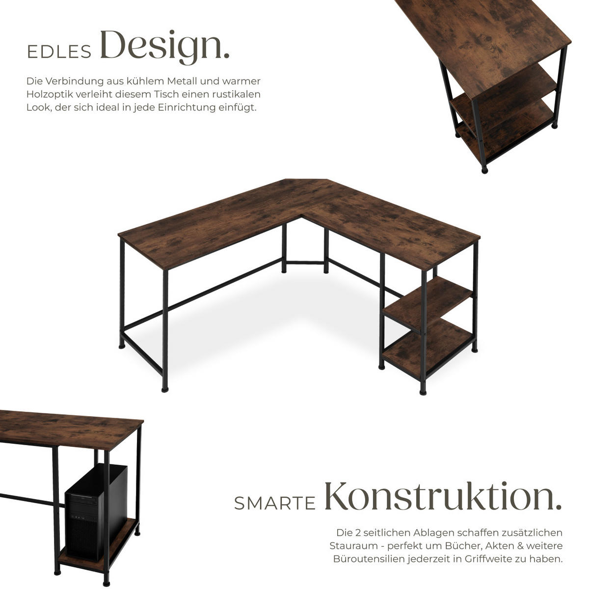 SCHREIBTISCH Hamilton,138 x 138 x 75,5 cm,Industrial Holz dunkel, rustikal - Rostfarben, Holz (138/138/75.5cm) - tectake