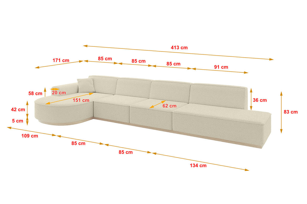 ECKSOFA Ottomane Links ARRIO-L3 - 413x171x83 cm Beige - Beige, Holzwerkstoff/Textil (413/171cm) - ALTDECOR