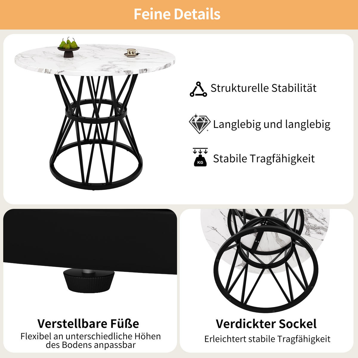 ESSTISCH 100/100/76 cm Schwarz runder Tisch aus MDF in Marmoroptik mit Metallgestell - Schwarz, Holzwerkstoff (100/100/76cm) - OKWISH