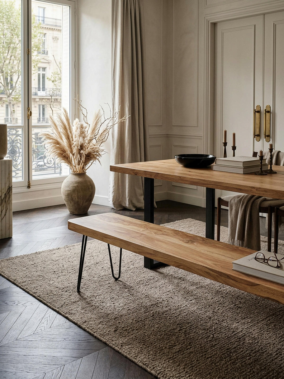 SITZBANK BALU Massivholz Metallbeine Landhausstil, Beige 160x40x45 cm - Beige/Schwarz, Holz/Metall (160/45/40cm) - KADIMA DESIGN