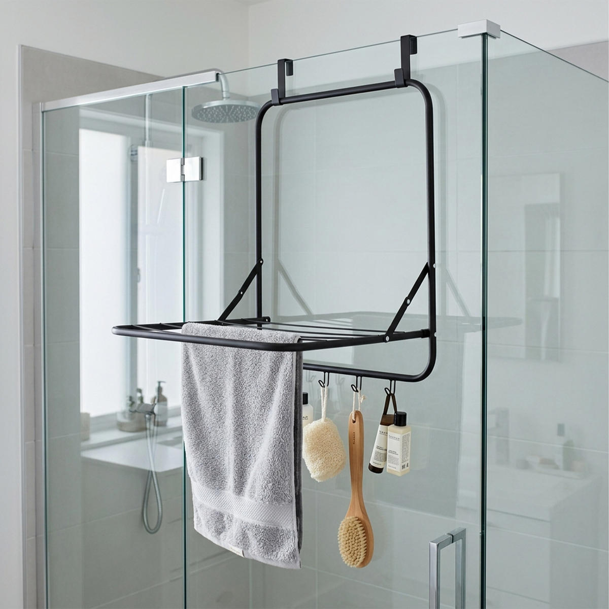 SUŠIAK Čierny na dvere na zavesenie skladací 4 háčiky 55 cm - čierna, kov/plast (51/55/41cm) - Relaxdays