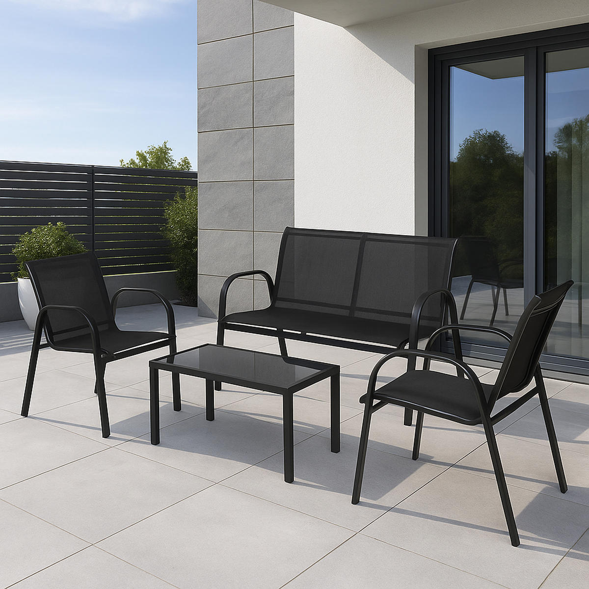 LOUNGE-SET Bath - 4-teilig - Gartenlounge Set Metall schwarz + Textilgewebe - Schwarz, Metall - TPFGarden