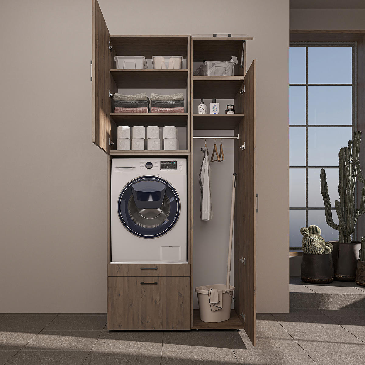 WASCHMASCHINENSCHRANK Serie 2 112cm Breit, 240cm Hoch - Eichefarben, Holzwerkstoff (112/240/67cm)
