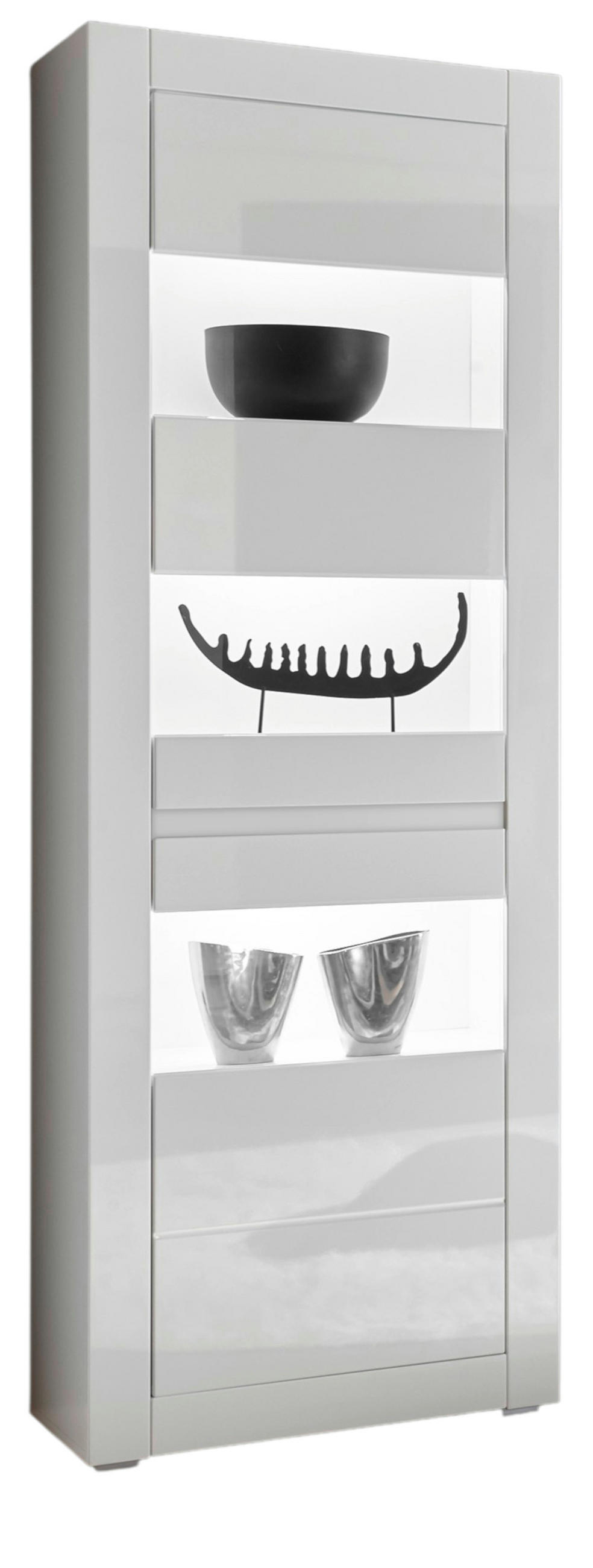 Furn.Design Vitrine Weiß, Weiß Hochglanz, Grau 66x198x35 cm