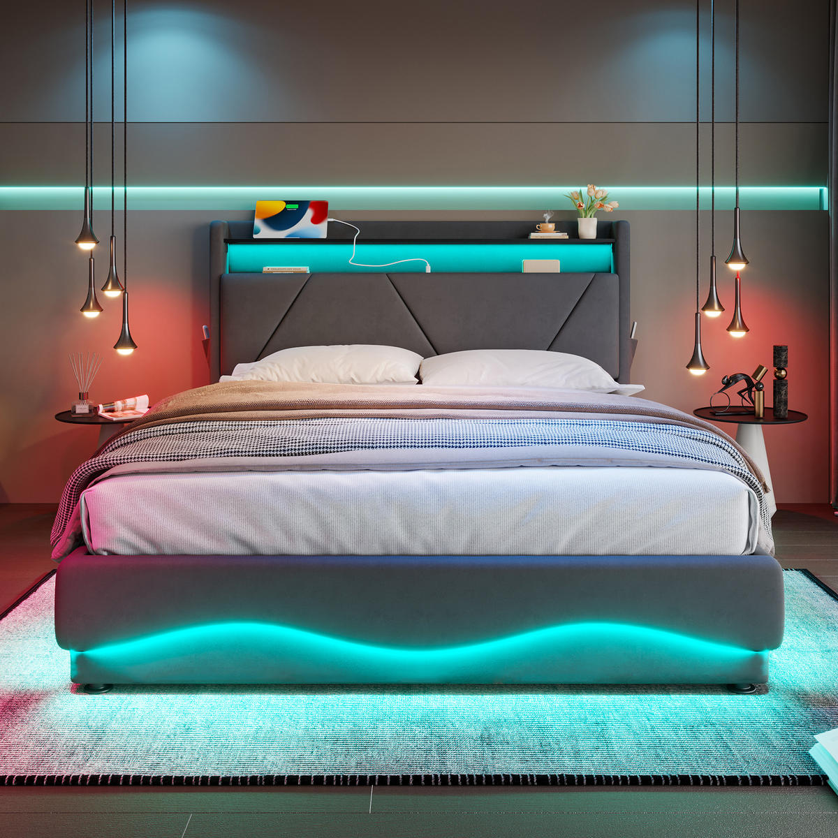 POLSTERBETT 160x200 cm LED USB Stauraum - Dunkelgrau, Textil (160/200cm) - LEBENLANG
