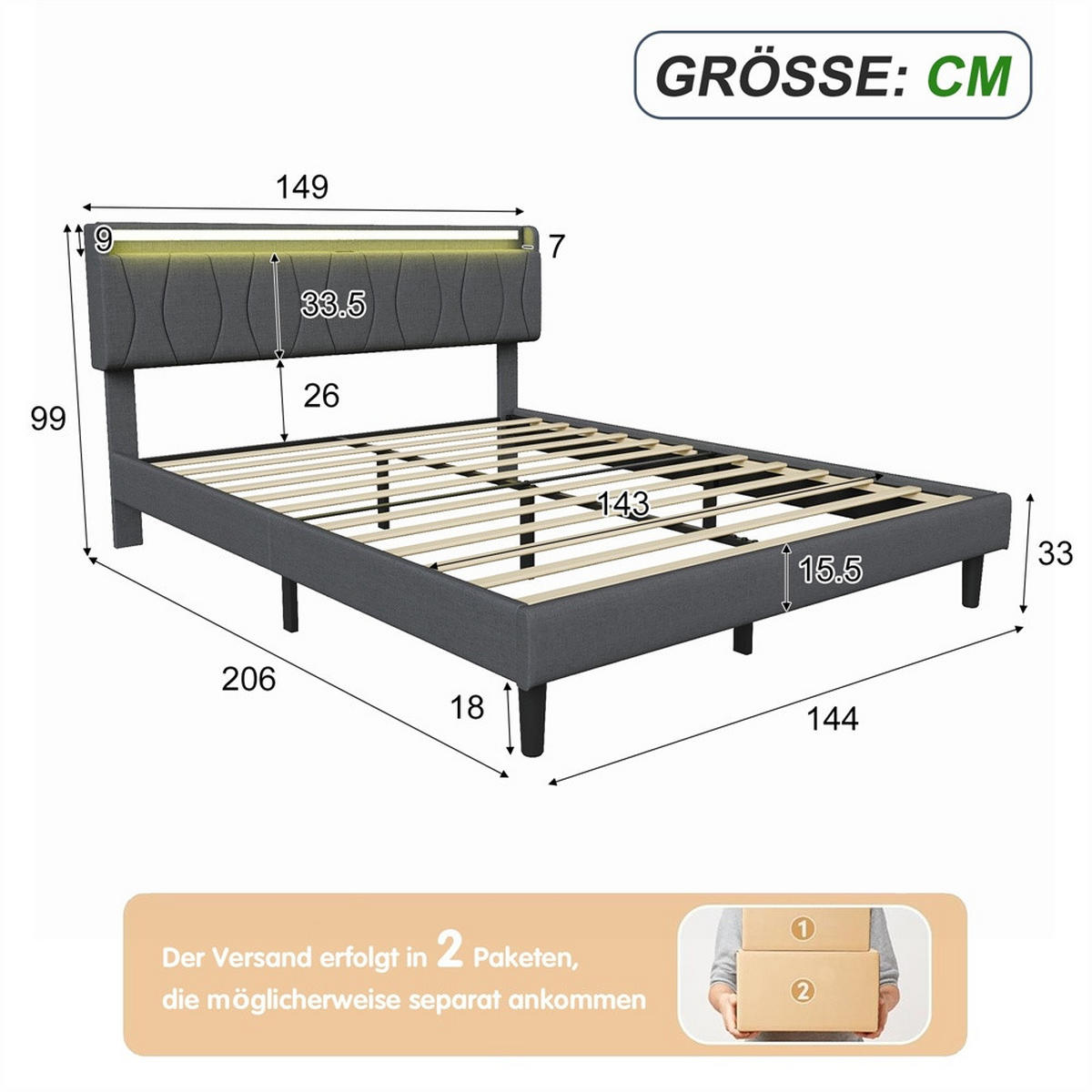 POLSTERBETT 140x200 cm mit LED-Beleuchtung - Kopfteil mit Ladefunktion - Gepolstertes Kopfteil - Grau - Grau, Textil (140/200cm) - DELFA