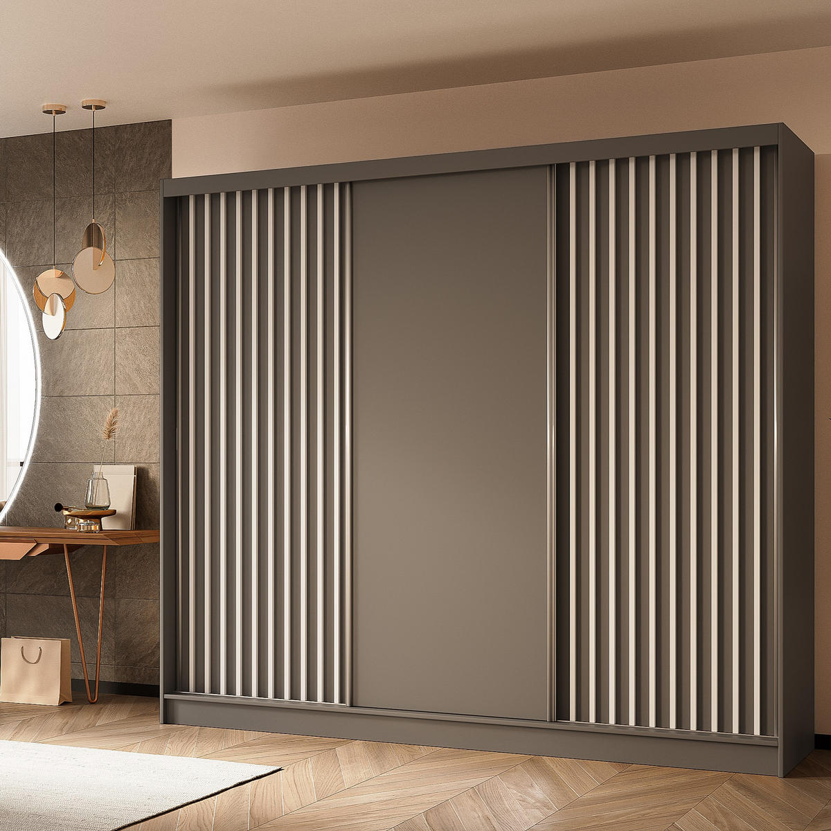 SCHWEBETÜRENSCHRANK LAMELLO 240/216/61 cm 3-türig Grau - Grau, Holzwerkstoff (240/216/61cm) - MASSENO