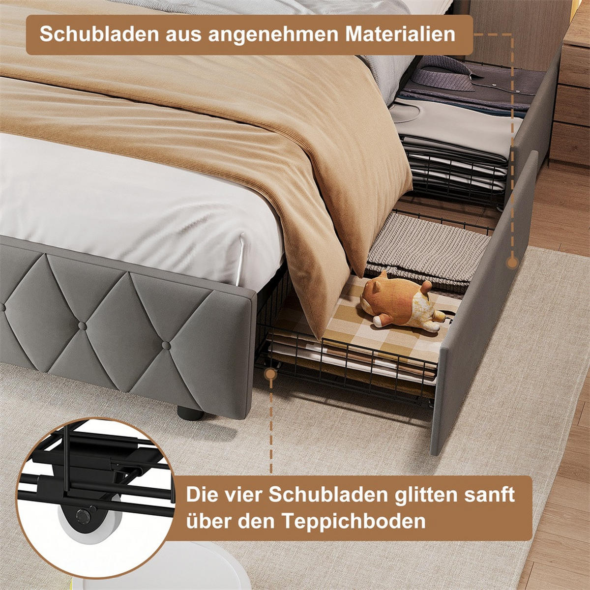 POLSTERBETT 140x200 cm mit 4 Schubladen & LED-Beleuchtung - USB-Anschlüsse - ohne Matratze - Grau - Grau, Textil (140/200cm) - DELFA
