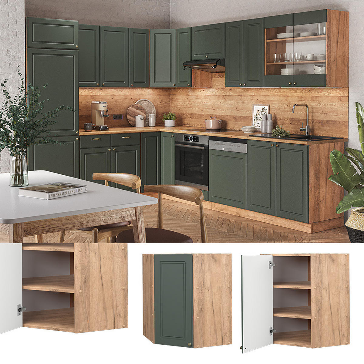 ECKHÄNGESCHRANK Fame-Line Grün-Gold Landhaus 57 cm - Honigeiche/Eiche Wotan, Holzwerkstoff (57/72/34.1cm) - Vicco