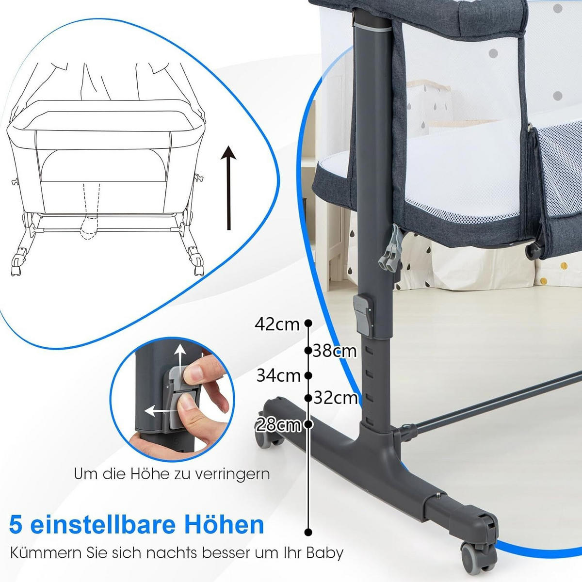 BABYWIEGE mit Matratze dunkelgrau - Dunkelgrau, Textil - COSTWAY