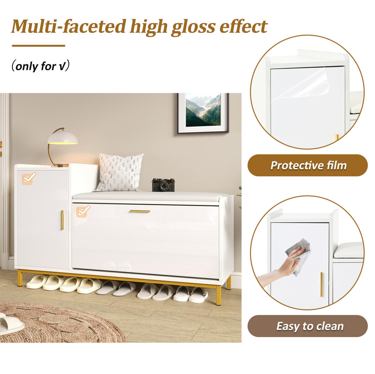 SCHUHSCHRANK 100/68/38 cm Weiß/Gold aus Spanplatte und Metall mit Sitzkissen - Weiß, Holzwerkstoff (100/68/38cm) - OKMYHOME