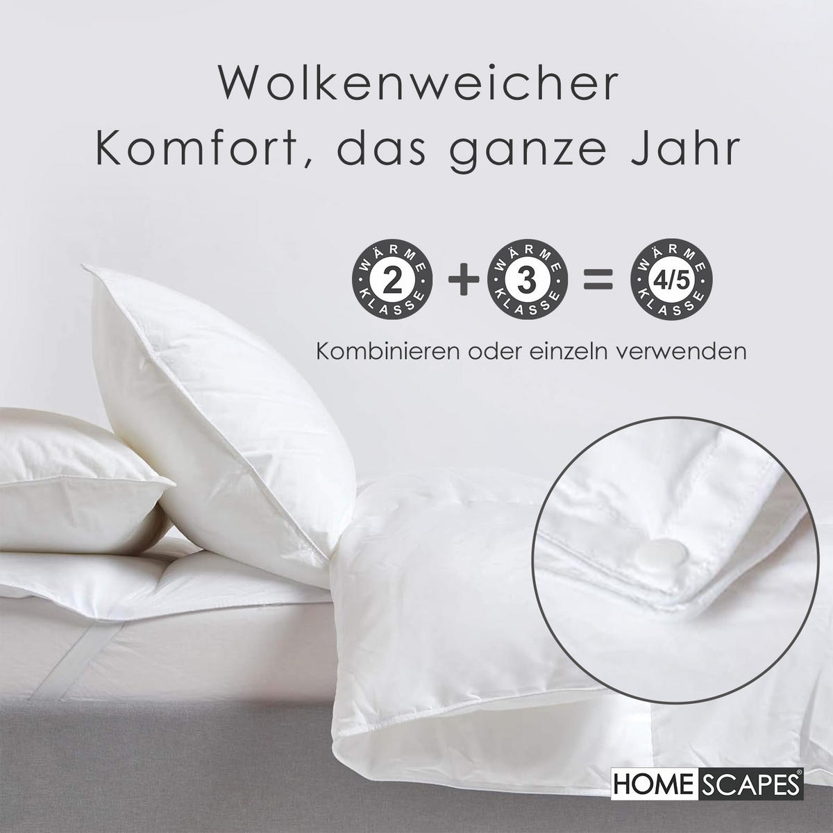 4-JAHRESZEITEN-BETTDECKE 230/220 cm, Entenfedern & Daunen - Weiß, Textil (230/220cm) - Homescapes