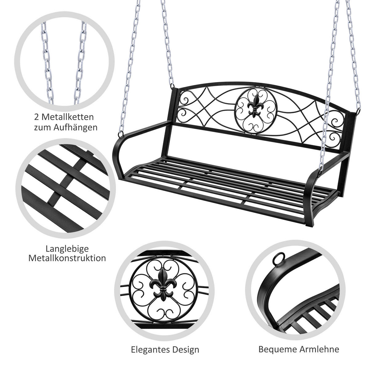 HÄNGEBANK, Metall, Schwarz+Silber - Silberfarben/Schwarz, Metall (63/58/132cm) - Outsunny