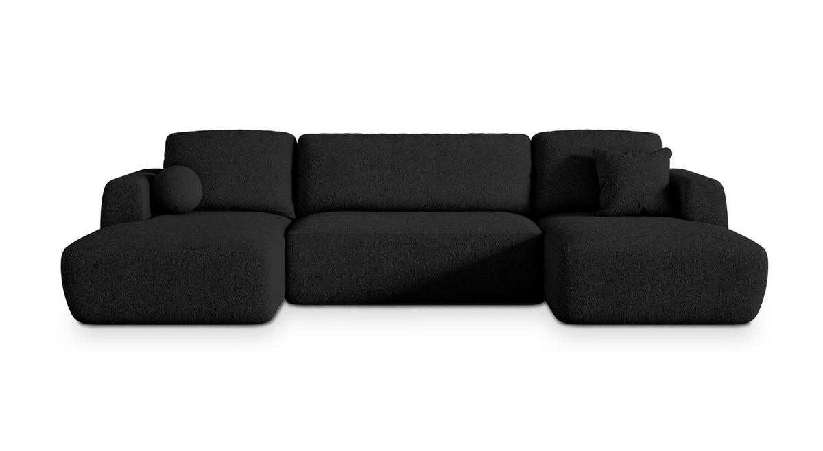 WOHNLANDSCHAFT SENTUM N Schwarz Boucle-Stoff mit Schlaffunktion - Schwarz, Holz (330/90/148cm) - MASSENO