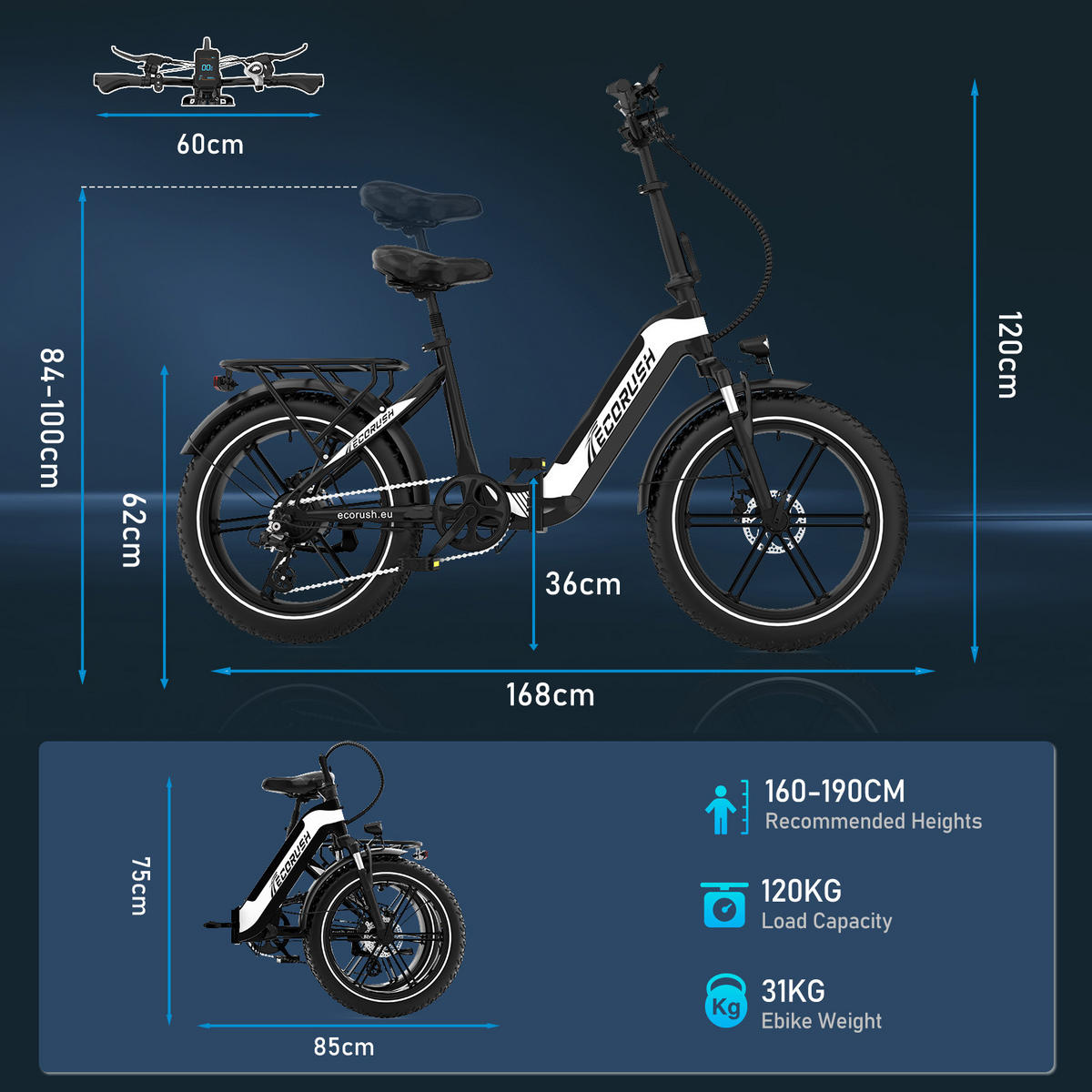 E-BIKE Klapprad R2 20×4.0", 499,2 Wh, 7-Gang, Aluminiumrahmen - Schwarz, Metall (30cm) - ECORUSH