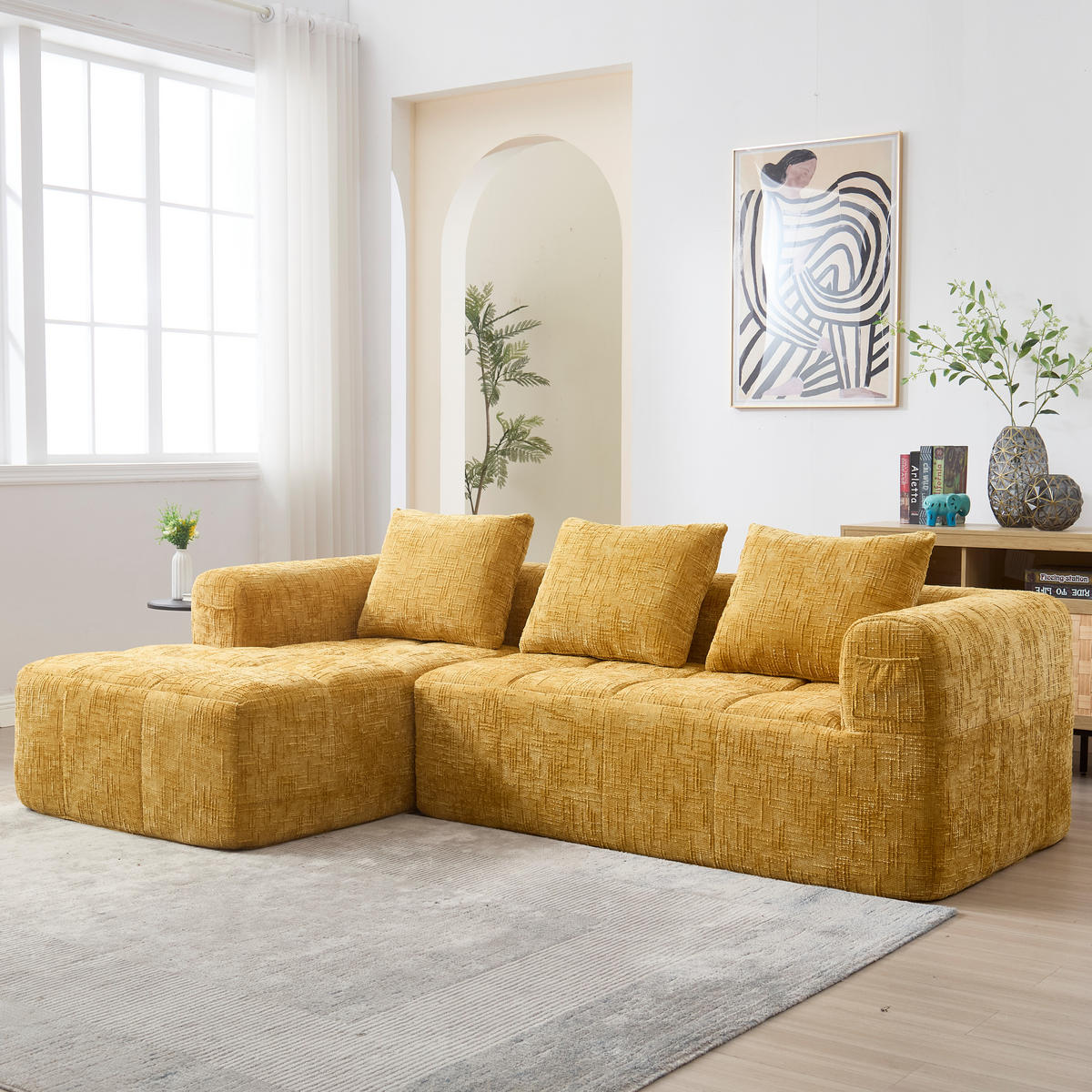 4-SITZER ECKSOFA Chenille Gelb mit Kissen und Seitentaschen - Gelb, Textil (250/158cm) - WISHDOR