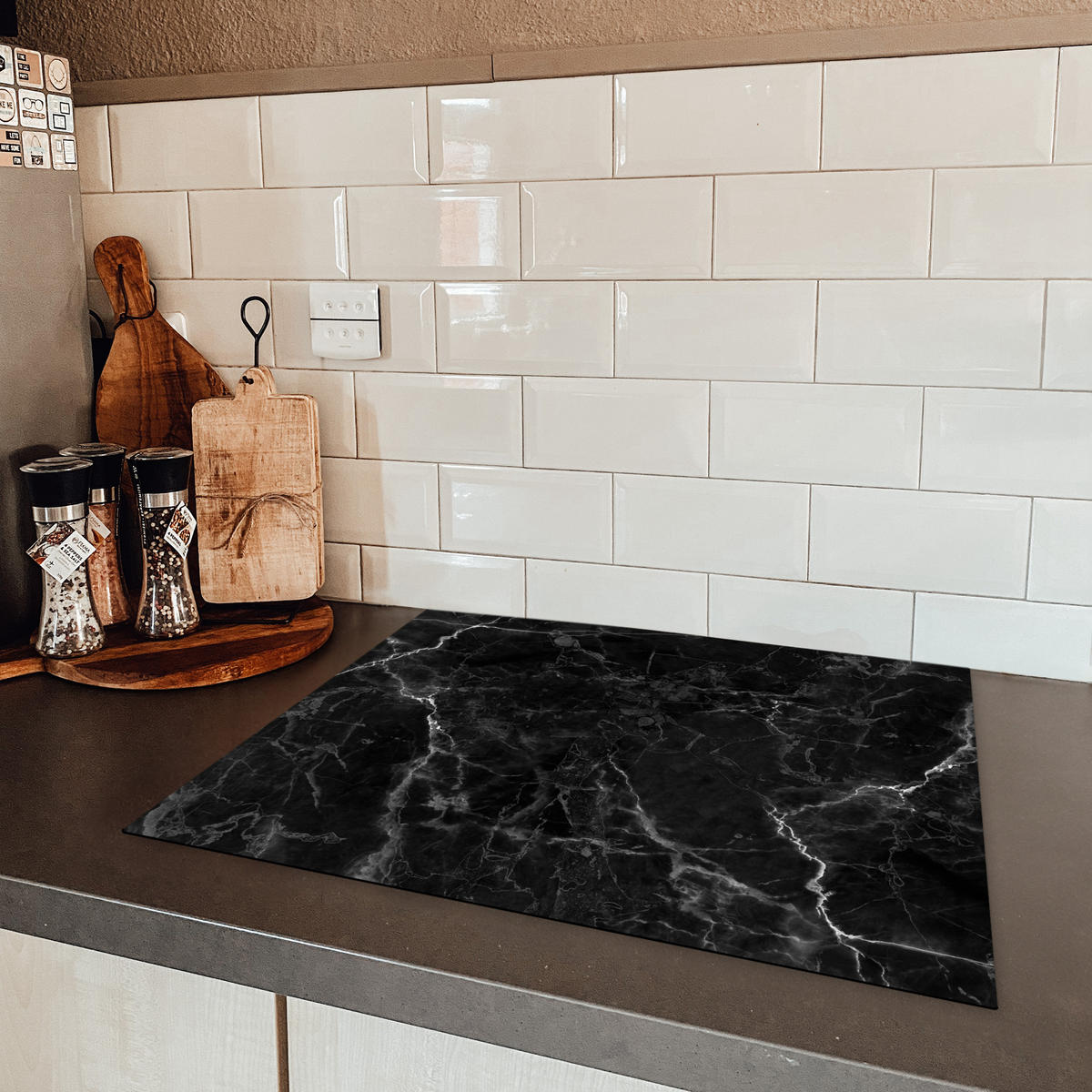 HERDABDECKPLATTE Marmor - Schwarz - Weiß - Textur - Marmoroptik 65x52 cm - Silberfarben, Kunststoff (65/52/0.2cm) - MuchoWow