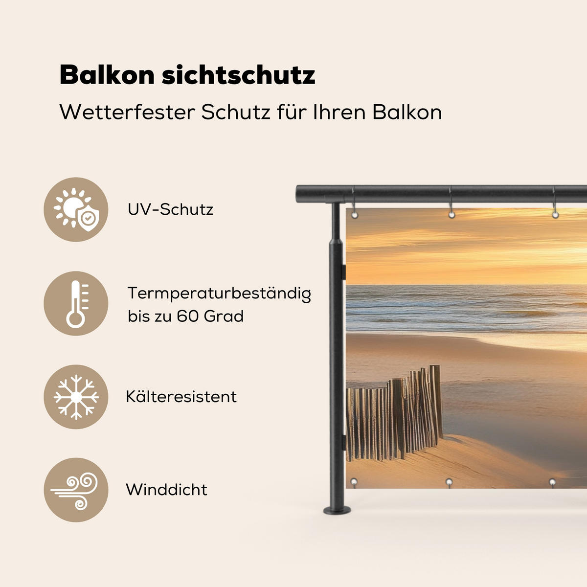 BALKON-SICHTSCHUTZ Strand - Dünen - Sonnenuntergang 300x120 cm - Sandfarben, Kunststoff (300/120cm) - MuchoWow