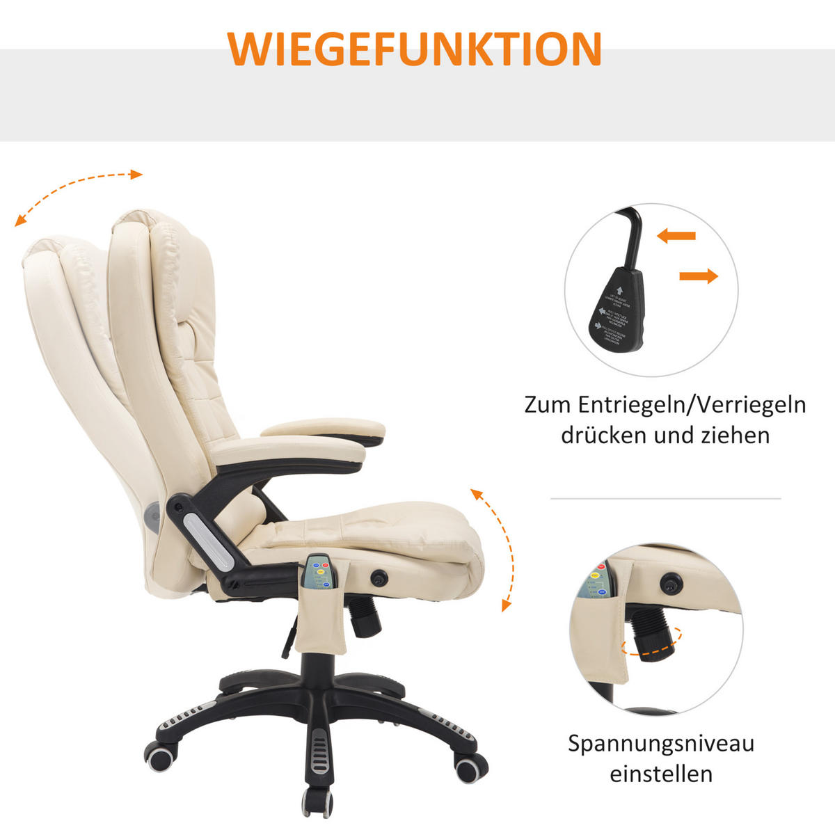 CHEFSESSEL 54/44-54 cm Beige aus Bonded Leather mit Massagefunktion und Wärmefunktion - Beige, Kunststoff (68/121/62cm) - OKMYHOME