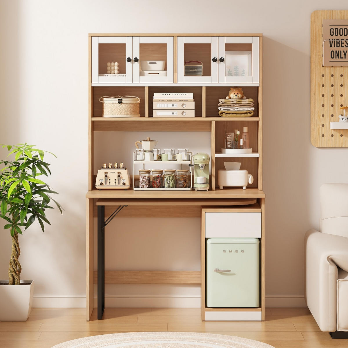 KÜCHENSCHRANK mit Hochschrank, DREHBARER SCHREIBTISCH, Weiß Natur, Arbeitszimmer, 180 cm hoch - Naturfarben, Kunststoff (55/180/110cm) - Rolipo