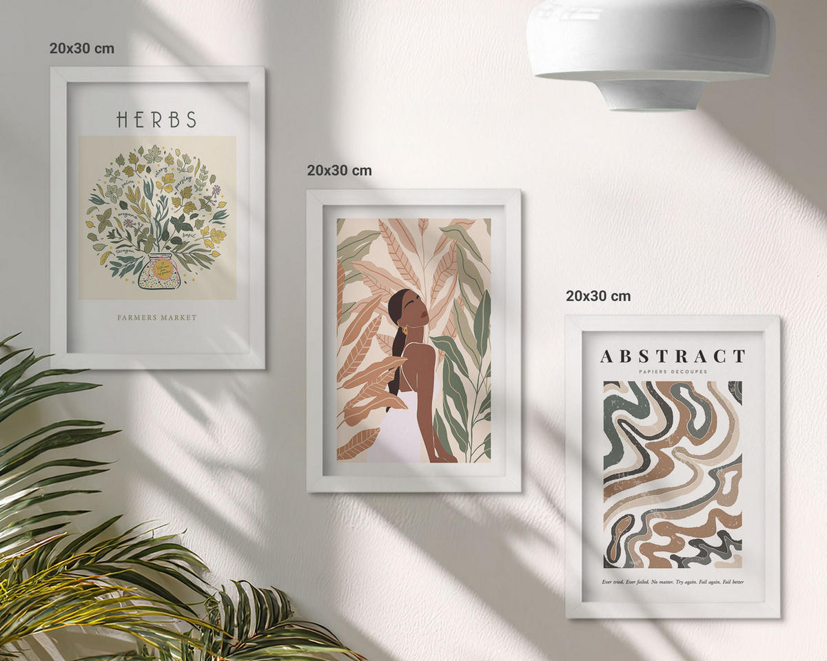 BILDER SET 3er Set - 20x30 cm Weißer Rahmen - Boho-Pastell-Minimalisten-Poster - Weiß, Kunststoff (20/30cm) - TULUP